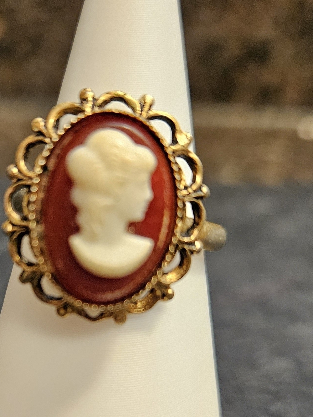 Vintage-Style Gold Cameo Ring with Red and Ivory Profile. Adjustable.